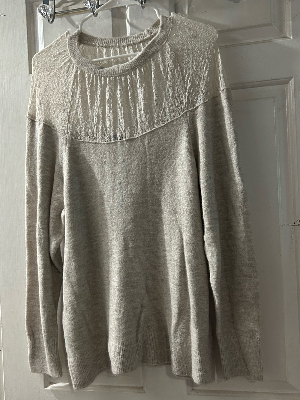 Express Cream Lace-Yoke Crew Neck Sweater